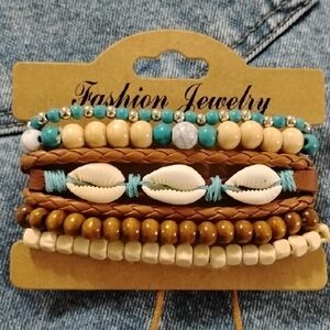 Turquoise and Brown Shell Beaded Bracelet Set